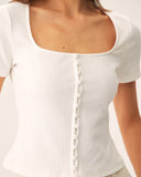 Sueña™ Beyaz Kare Yaka Fitilli Triko Tişört