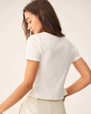 Sueña™ Beyaz Kare Yaka Fitilli Triko Tişört