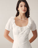 Sueña Beyaz Nakışlı Kabarık Kol Maxi Elbise