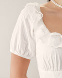 Sueña Beyaz Nakışlı Kabarık Kol Maxi Elbise