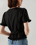 Sueña™ Siyah V Yaka Fırfırlı Kolları Kabarık Bluz