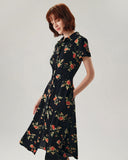 Sueña™ Siyah Çiçek Düğmeli A Kesim Midi Elbise