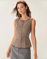 Sueña Kahverengi Ekose Tek Sıra Düğmeli Yelek