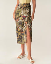 Sueña™ Haki Çiçekli Yüksek Bel Anvelop Midi Etek