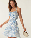 Sueña Mavi Çiçekli Katlı Boyundan Bağlamalı Mini Elbise