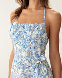 Sueña Mavi Çiçekli Katlı Boyundan Bağlamalı Mini Elbise