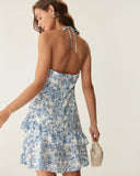 Sueña Mavi Çiçekli Katlı Boyundan Bağlamalı Mini Elbise