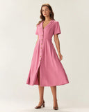 Sueña Gül Kırmızı V Yaka Düğmeli Midi Elbise