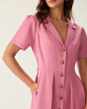 Sueña Gül Kırmızı V Yaka Düğmeli Midi Elbise