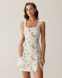 Sueña™ Bej Kare Yaka Nakışlı Yırtmaçlı Slip Mini Elbise