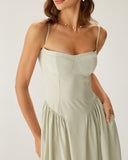 Sueña Yeşil Kare Yaka Cepli Slip Midi Elbise