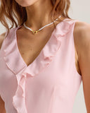 Sueña Pembe Fırfırlı Kolsuz Mini Elbise