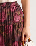 Sueña Pembe Çiçekli Beli Pileli Midi Etek