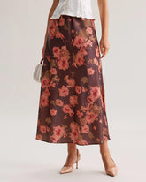 Sueña™ Kahverengi Çiçekli Düz Midi Etek