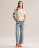 Sueña™ Sarı Dantel Dokulu Yuvarlak Yaka Tişört