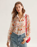 Sueña™ Turuncu Çiçekli Cepli Bol Gömlek