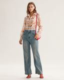 Sueña™ Turuncu Çiçekli Cepli Bol Gömlek