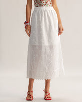 Sueña™ Beyaz Dokulu Beli Lastikli Midi Etek