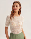 Sueña™ Bej Yuvarlak Yaka Dokulu Yarım Kol Tişört