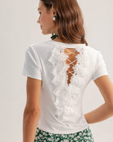 Sueña™ Beyaz Dantel Yuvarlak Yaka Tişört