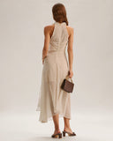 Sueña™ Bej Çizgili Dekolteli Kolsuz Midi Elbise