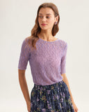 Sueña™ Mor Yuvarlak Yaka Dokulu Yarım Kol Tişört