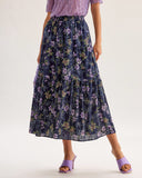 Sueña™ Siyah Çiçekli Beli Lastikli Midi Etek