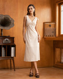 Sueña™ Bej V Yaka Dantelli Kolsuz Midi Elbise