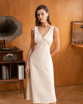 Sueña™ Bej V Yaka Dantelli Kolsuz Midi Elbise