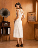 Sueña™ Bej V Yaka Dantelli Kolsuz Midi Elbise