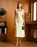 Sueña Sarı Kare Yaka Fırfırlı Saten Midi Elbise