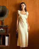 Sueña Sarı Kare Yaka Fırfırlı Saten Midi Elbise