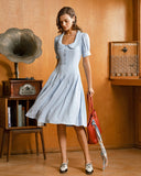 Sueña™ Mavi U Yaka Kabarık Kollu Pileli Midi Elbise