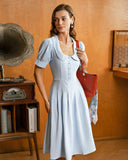 Sueña™ Mavi U Yaka Kabarık Kollu Pileli Midi Elbise