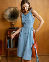 Sueña Mavi Kayık Yaka Düğmeli Kolsuz Midi Elbise