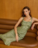 Sueña™ Yeşil Çiçekli Kare Yaka Slip Midi Elbise