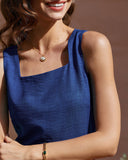 Sueña Mavi Kare Yaka Pileli Kolsuz Midi Elbise