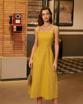 Sueña™ Sarı Kare Yaka Büzgülü Slip Midi Elbise