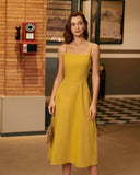 Sueña™ Sarı Kare Yaka Büzgülü Slip Midi Elbise