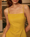 Sueña™ Sarı Kare Yaka Büzgülü Slip Midi Elbise