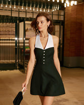 Sueña Siyah Kontrastlı Boyundan Bağlamalı Mini Elbise