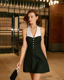 Sueña Siyah Kontrastlı Boyundan Bağlamalı Mini Elbise