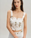 Sueña™ Beyaz Çiçekli Büzgülü Kare Yaka Askılı Üst