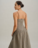 Sueña™ Kahverengi Ekose Büzgülü Slip Midi Elbise