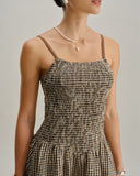 Sueña™ Kahverengi Ekose Büzgülü Slip Midi Elbise