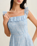 Sueña™ Mavi Kare Yaka Volanlı Midi Elbise