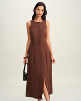 Sueña Kahverengi Yuvarlak Yaka Düğmeli Kolsuz Uzun Elbise