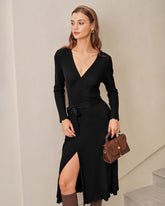 Siyah V Yakalı Örme Midi Elbise