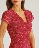 Kırmızı Puantiyeli Kısa Kollu Midi Elbise