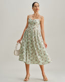 Sueña™ Yeşil Çiçekli Kalp Yaka Pileli Slip Midi Elbise